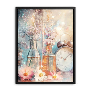 Vintage floral still life canvas art with glass bottles and clock for elegant bedroom decor.
