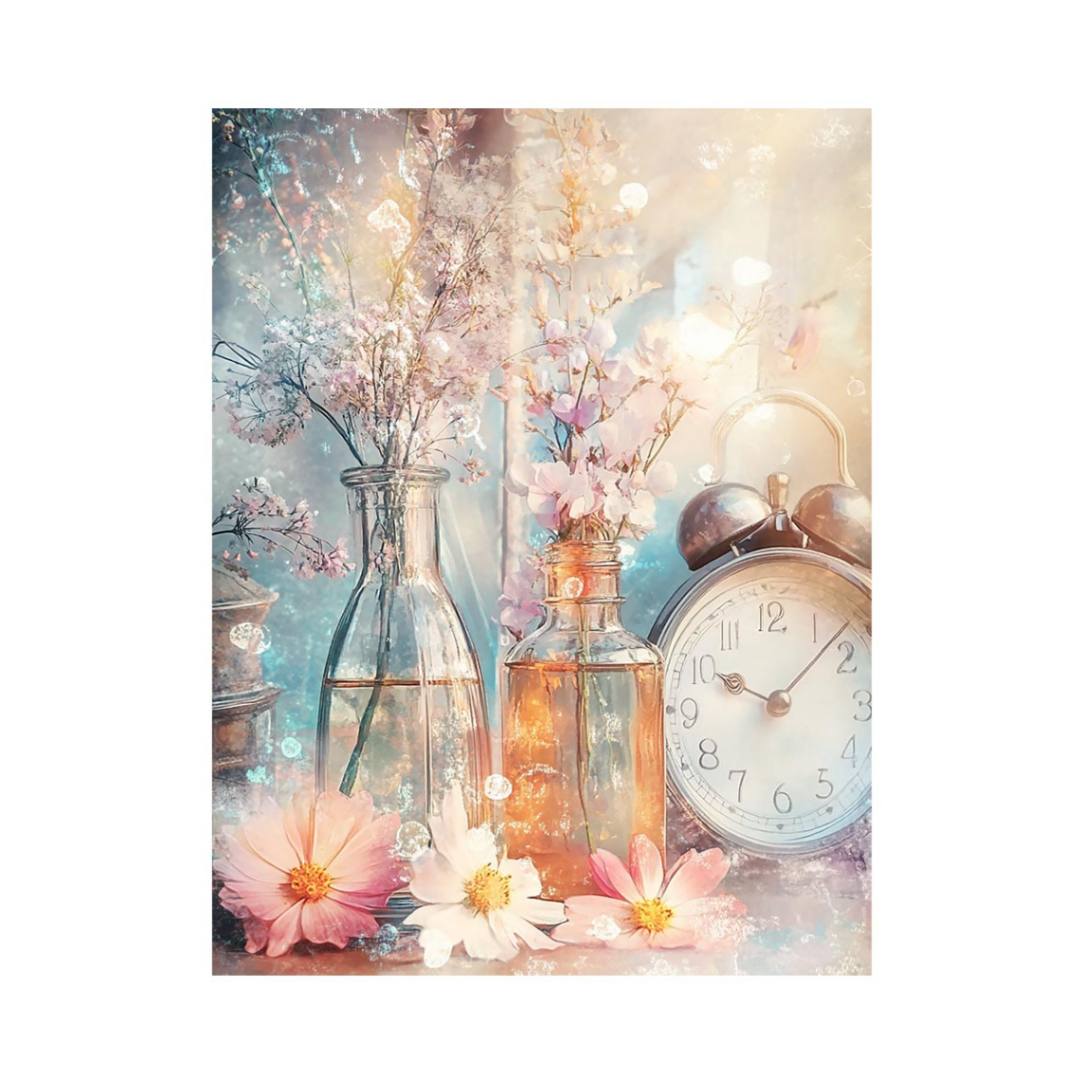 Vintage floral still life canvas art with glass bottles and clock for elegant bedroom decor.