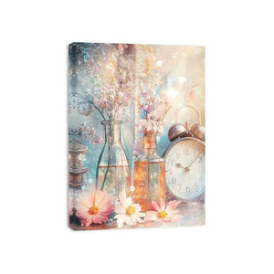 Vintage floral still life canvas art with glass bottles and clock for elegant bedroom decor.