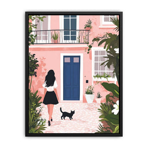 Pink courtyard illustration with woman and black cat for stylish home decor.