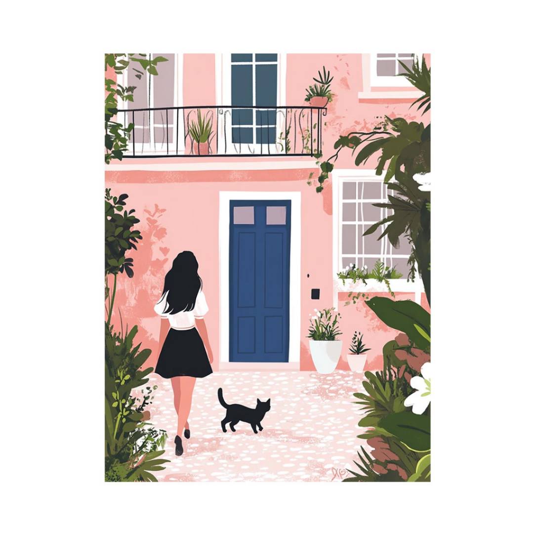 Pink courtyard illustration with woman and black cat for stylish home decor.