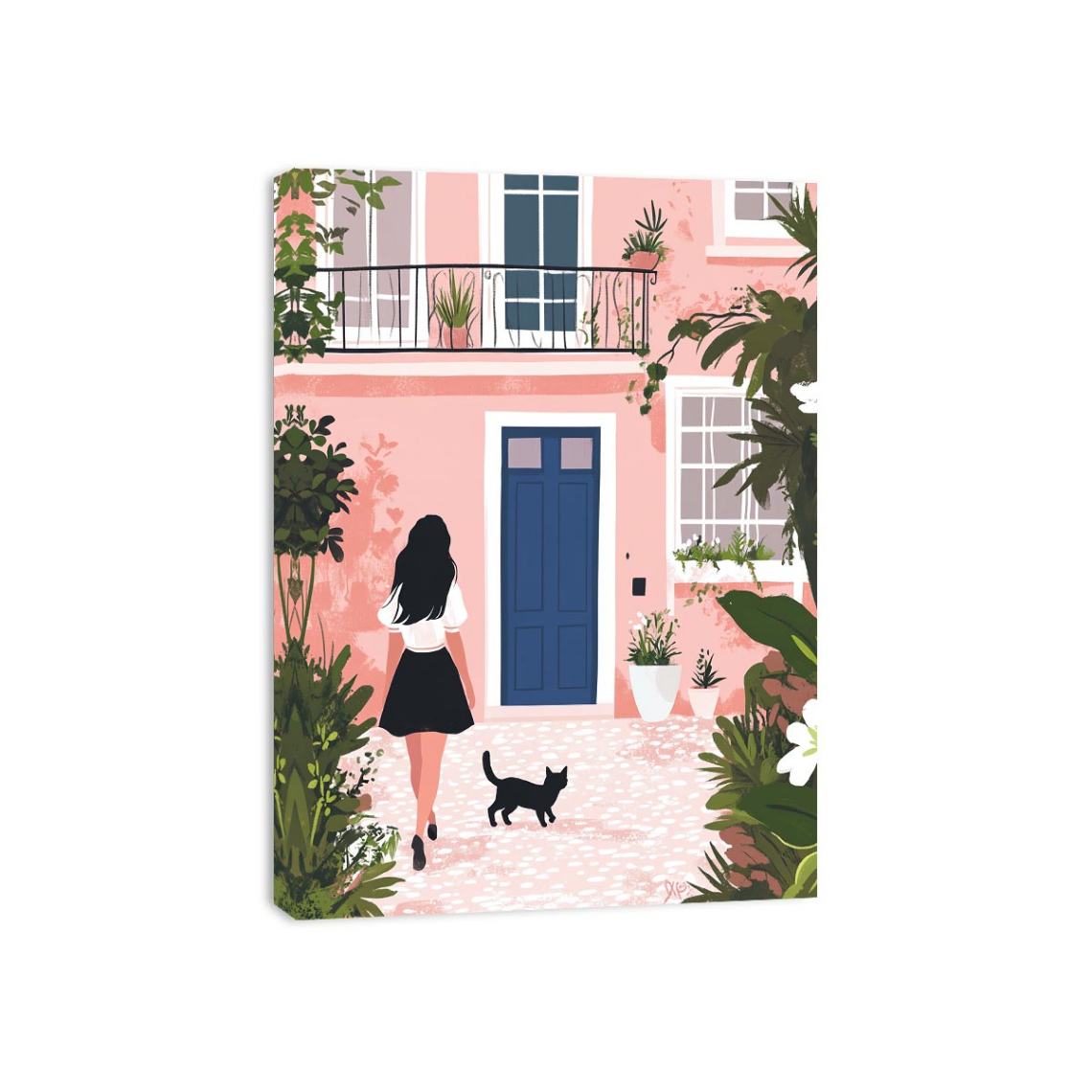 Pink courtyard illustration with woman and black cat for stylish home decor.