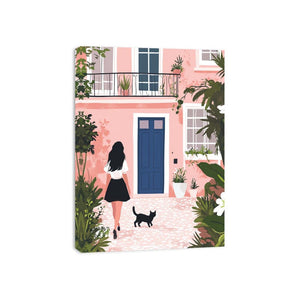 Pink courtyard illustration with woman and black cat for stylish home decor.