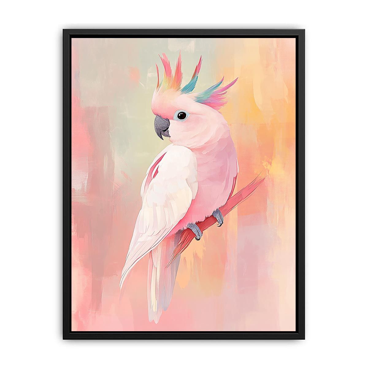Pink cockatoo canvas art with pastel colors for modern bedroom decor.