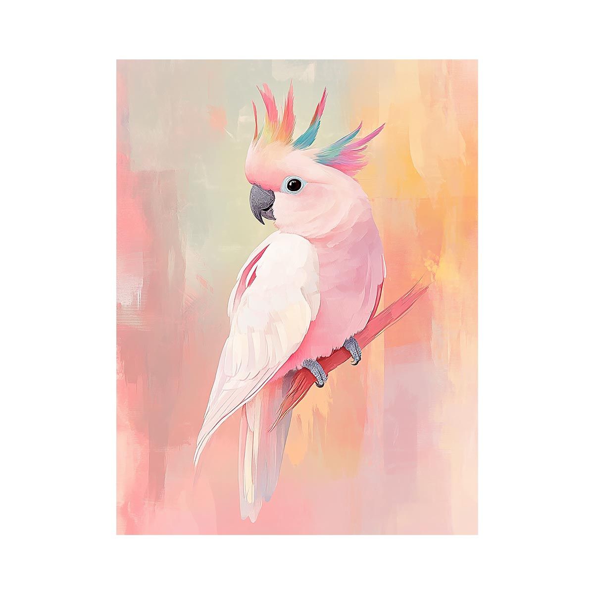 Pink cockatoo canvas art with pastel colors for modern bedroom decor.