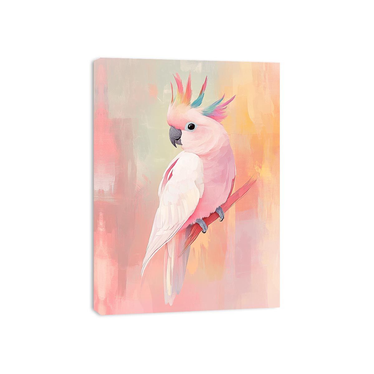Pink cockatoo canvas art with pastel colors for modern bedroom decor.