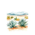 Watercolor desert landscape canvas art with agave plants and mountains.