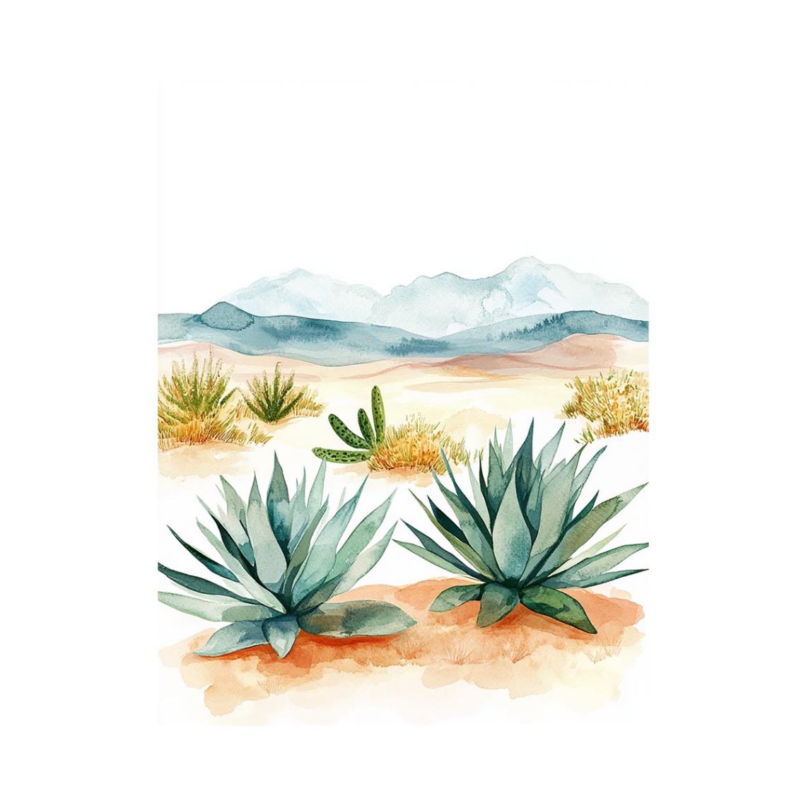 Watercolor desert landscape canvas art with agave plants and mountains.