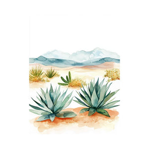 Watercolor desert landscape canvas art with agave plants and mountains.