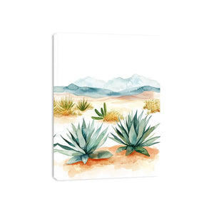 Watercolor desert landscape canvas art with agave plants and mountains.