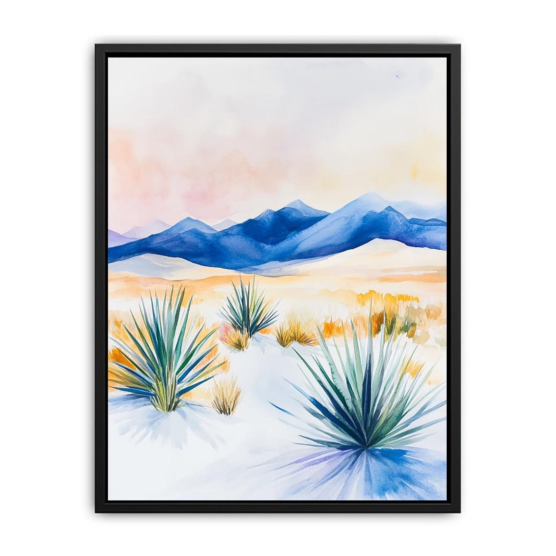 Watercolor desert landscape with blue mountains and yucca plants for modern living room decor.