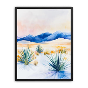Watercolor desert landscape with blue mountains and yucca plants for modern living room decor.