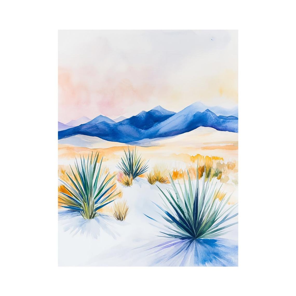 Watercolor desert landscape with blue mountains and yucca plants for modern living room decor.