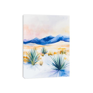 Watercolor desert landscape with blue mountains and yucca plants for modern living room decor.