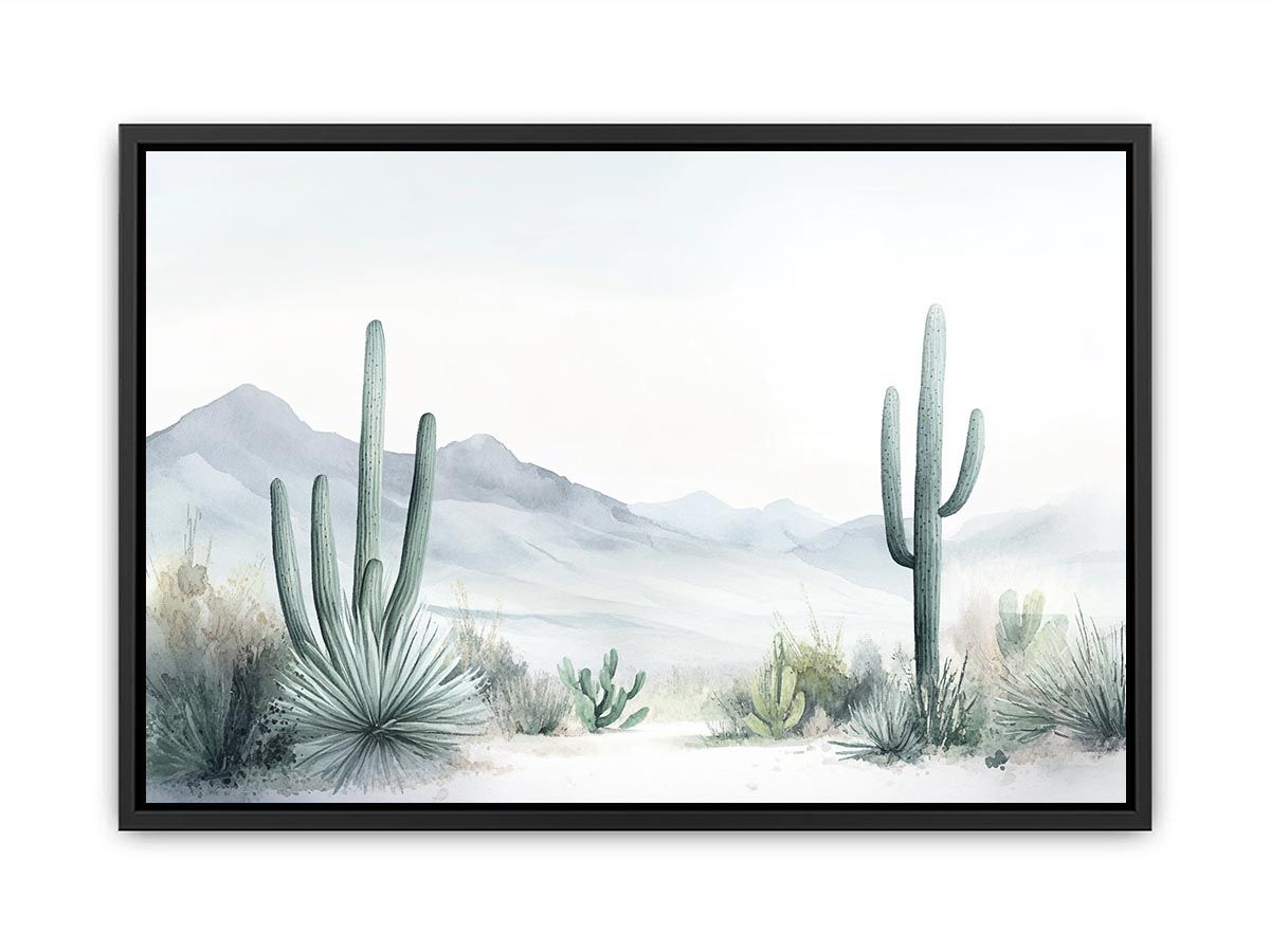 Minimal watercolor cactus landscape with mountains for neutral modern home decor.
