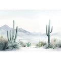 Minimal watercolor cactus landscape with mountains for neutral modern home decor.
