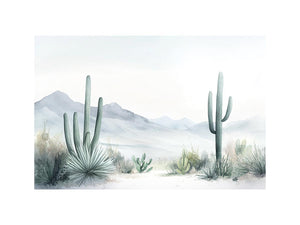 Minimal watercolor cactus landscape with mountains for neutral modern home decor.