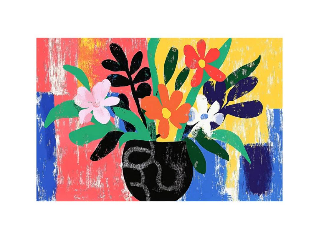 Vibrant textured floral artwork in black vase for modern colorful interiors.