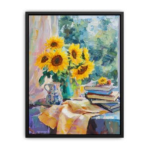 Sunflower still life painting with books for cozy reading nook and office decor.