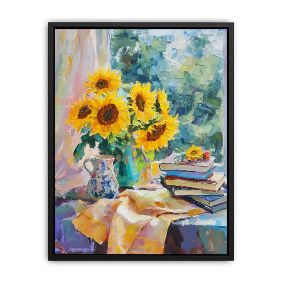Sunflower still life painting with books for cozy reading nook and office decor.