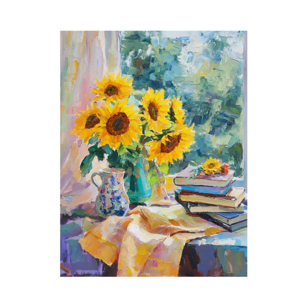 Sunflower still life painting with books for cozy reading nook and office decor.