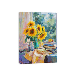 Sunflower still life painting with books for cozy reading nook and office decor.