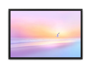 Pastel coastal beach scene with flying seabird for serene modern living room decor