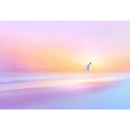 Pastel coastal beach scene with flying seabird for serene modern living room decor