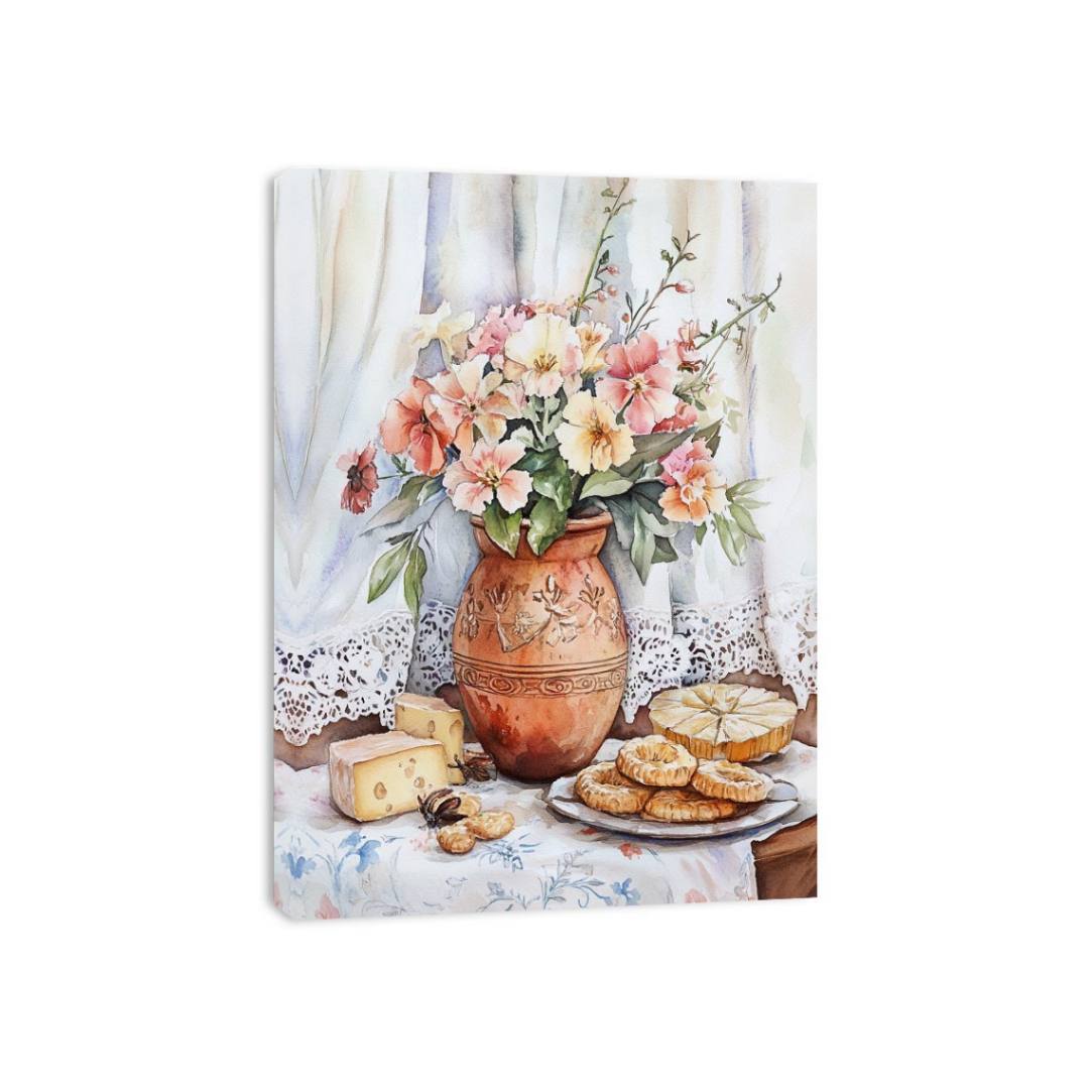 Watercolor floral vase still life artwork for elegant kitchen decor