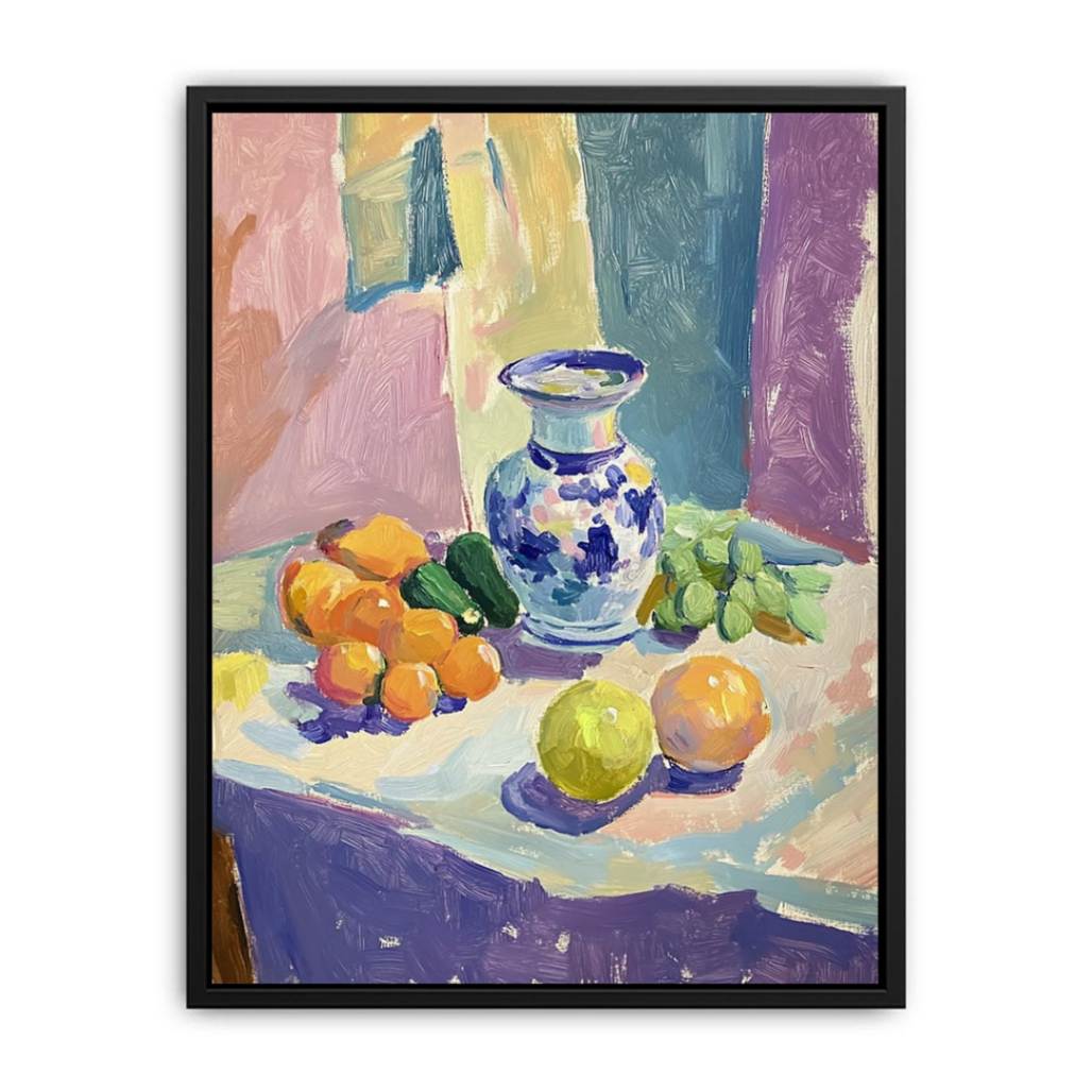 Colorful fruit and ceramic vase still life painting for dining room decor
