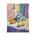 Colorful fruit and ceramic vase still life painting for dining room decor