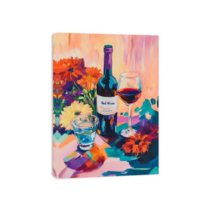 Colorful wine bottle and floral still life artwork for dining room decor