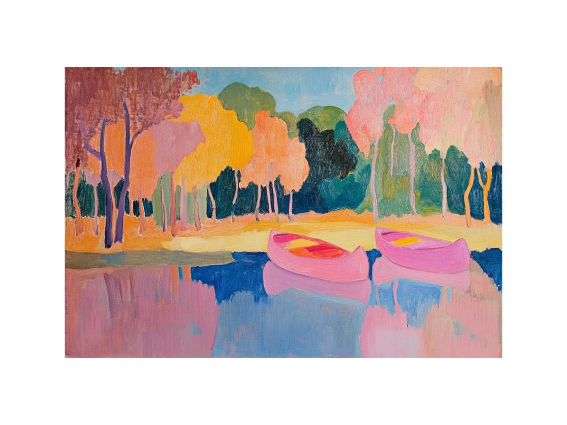 Pink boats landscape canvas art for modern living room decor.