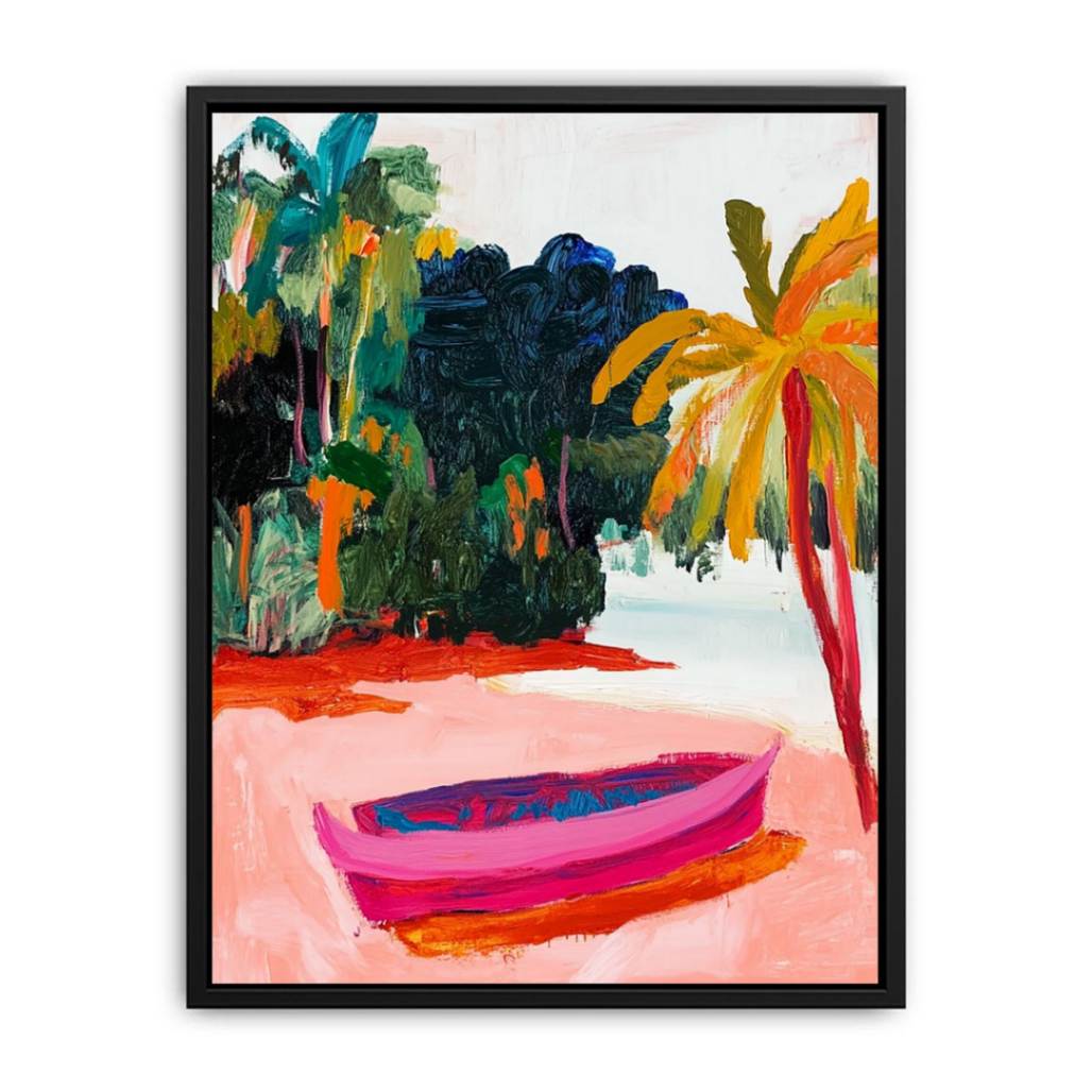 Tropical boat canvas art for colorful coastal interiors.