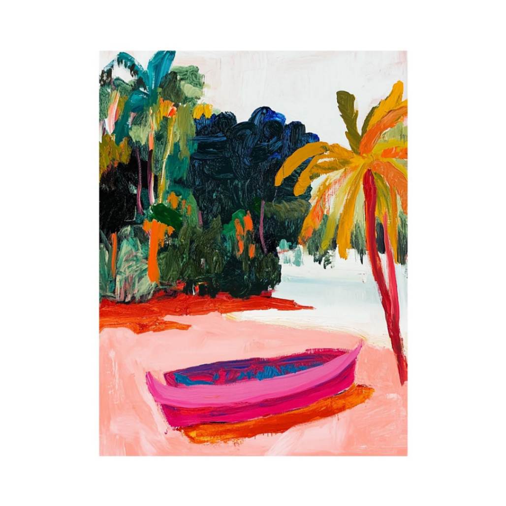 Tropical boat canvas art for colorful coastal interiors.