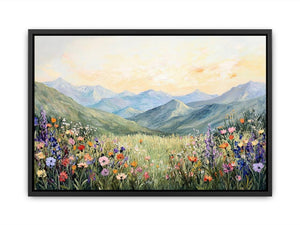 Mountain wildflower canvas art for elegant living room decor.