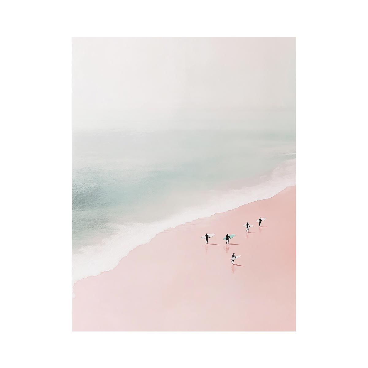 Minimalist coastal photography of surfers on a blush pink beach for modern bedroom decor.