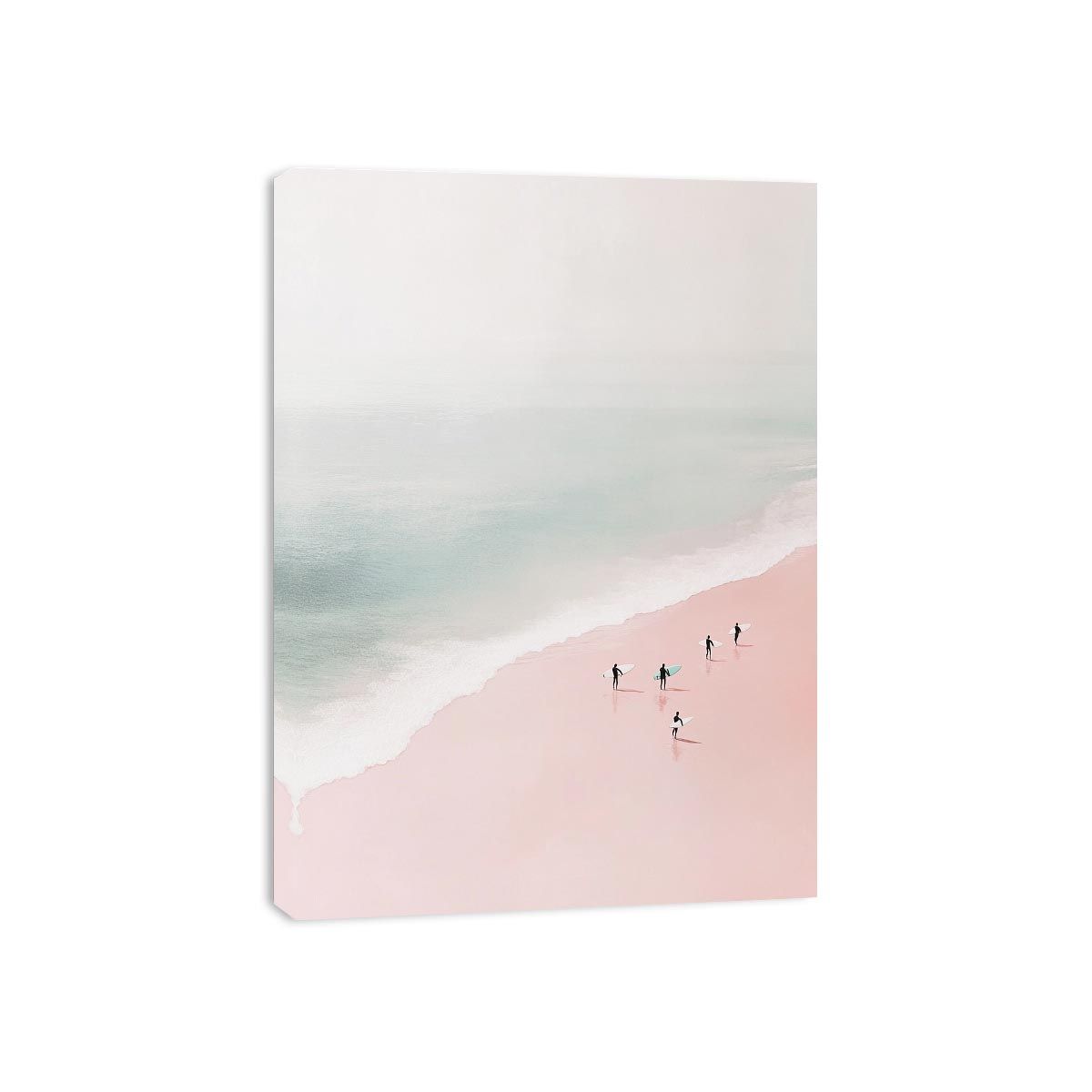 Minimalist coastal photography of surfers on a blush pink beach for modern bedroom decor.