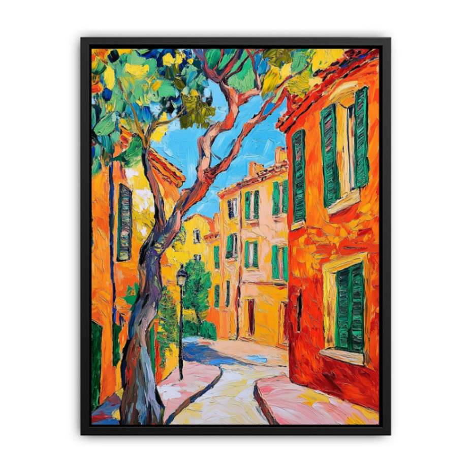 Colorful Mediterranean street painting for elegant living room wall decor.