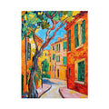 Colorful Mediterranean street painting for elegant living room wall decor.
