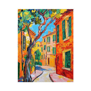 Colorful Mediterranean street painting for elegant living room wall decor.
