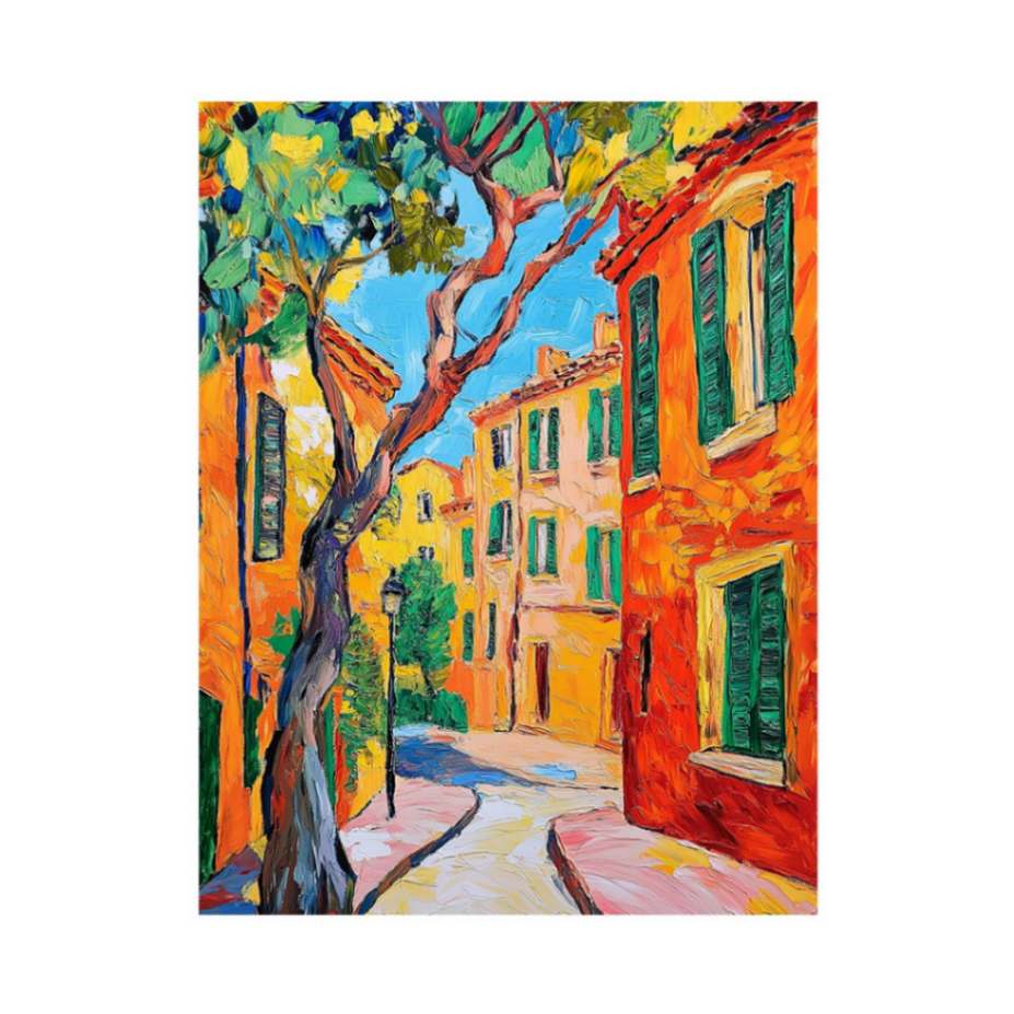 Colorful Mediterranean street painting for elegant living room wall decor.