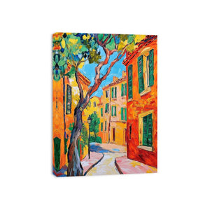 Colorful Mediterranean street painting for elegant living room wall decor.