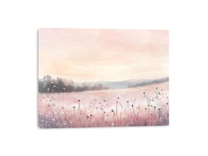 Soft pastel meadow landscape artwork for calming bedroom wall decor.
