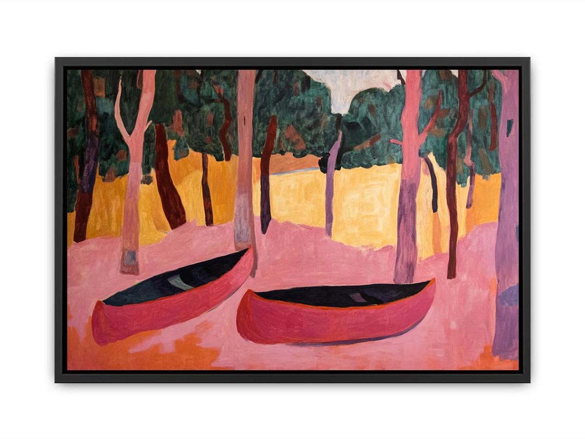 Modern forest canoe artwork with pink tones for contemporary living room decor.