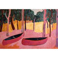 Modern forest canoe artwork with pink tones for contemporary living room decor.
