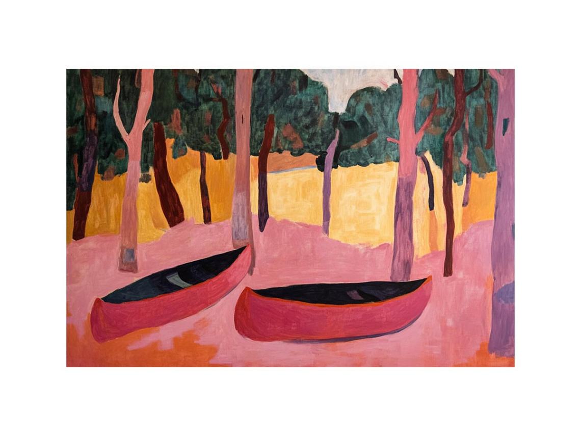 Modern forest canoe artwork with pink tones for contemporary living room decor.