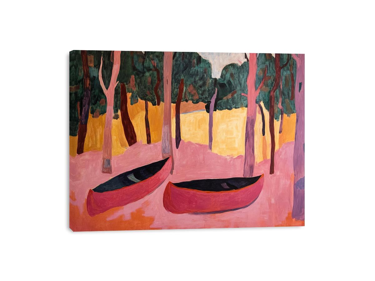 Modern forest canoe artwork with pink tones for contemporary living room decor.