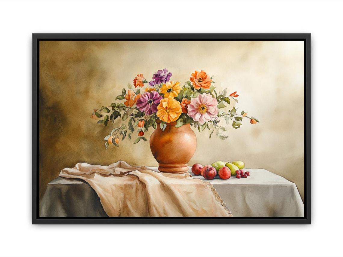 Floral still life canvas art with vase and fruit for dining room decor.