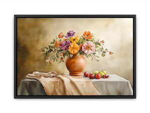 Floral still life canvas art with vase and fruit for dining room decor.